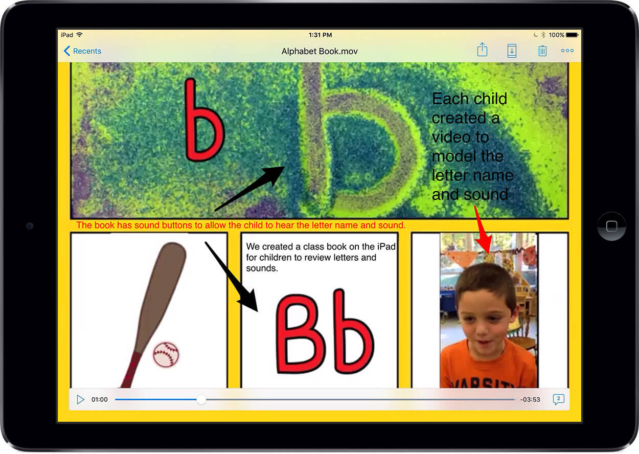 Screenshot of an alphabet book, exported as a movie on an iPad