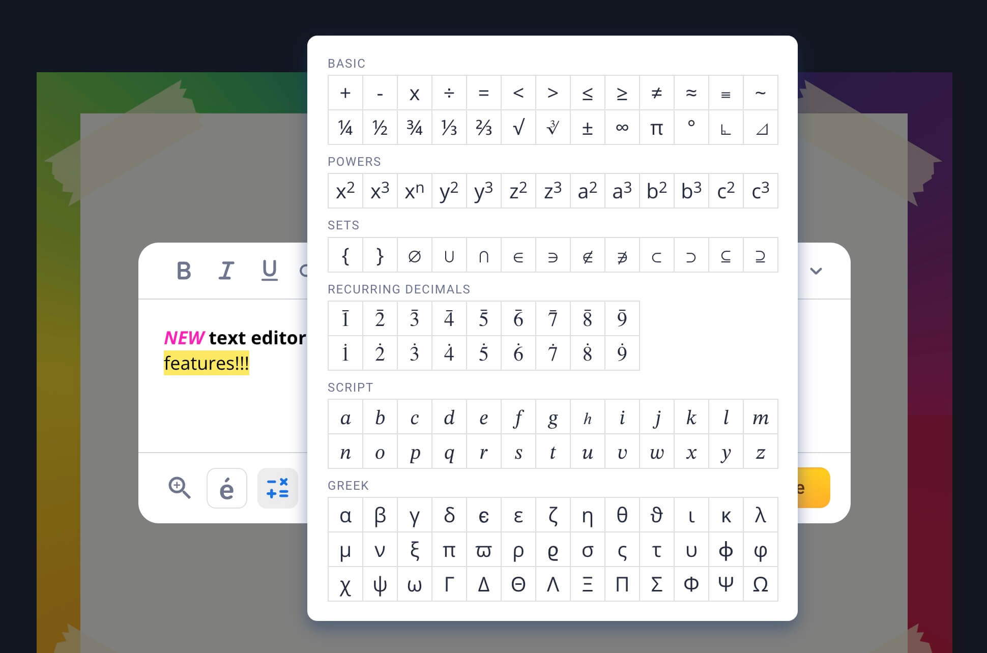 Math symbols in the Book Creator text editor