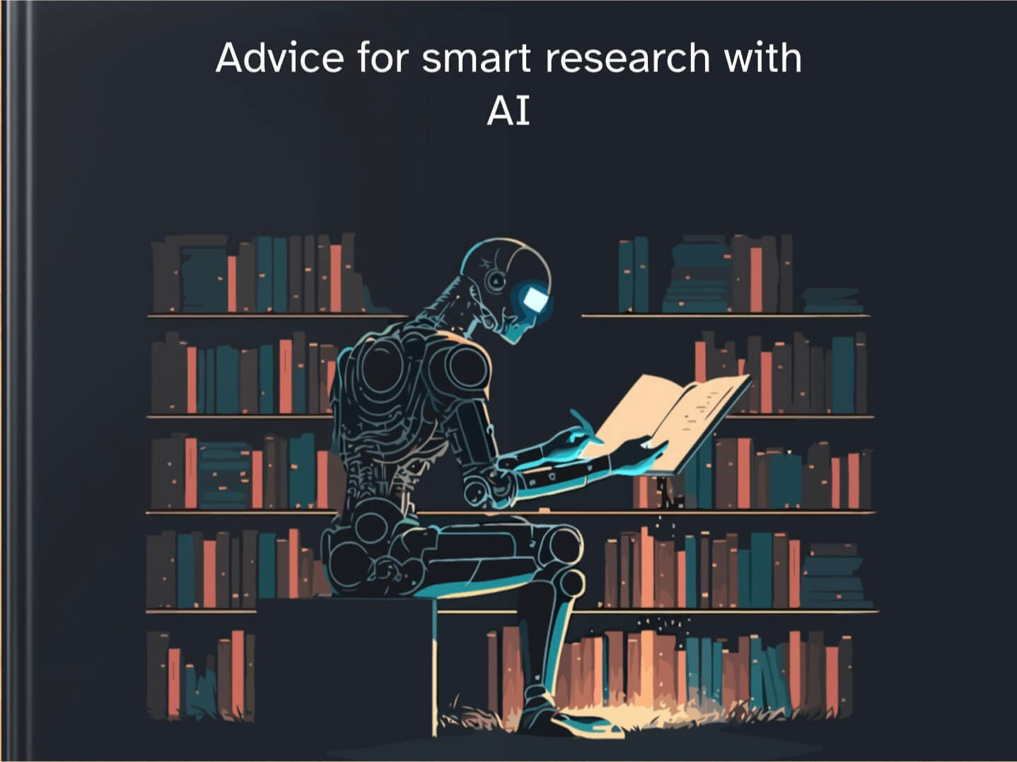 Front cover of a Book Creator digital book titled 'Advice for smart research with AI.' The background is dark, featuring an illustration of a robotic figure sitting on a stool in front of a bookshelf, engrossed in reading a book. The robot's eyes and the book's pages are illuminated, suggesting advanced technology. The shelves are filled with books, creating an atmosphere of knowledge and research. The title is written in white text at the top of the cover.